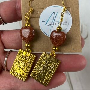Gold Tarot “The Lovers” Card Dangle Earrings with Gold Sandstone Hearts
